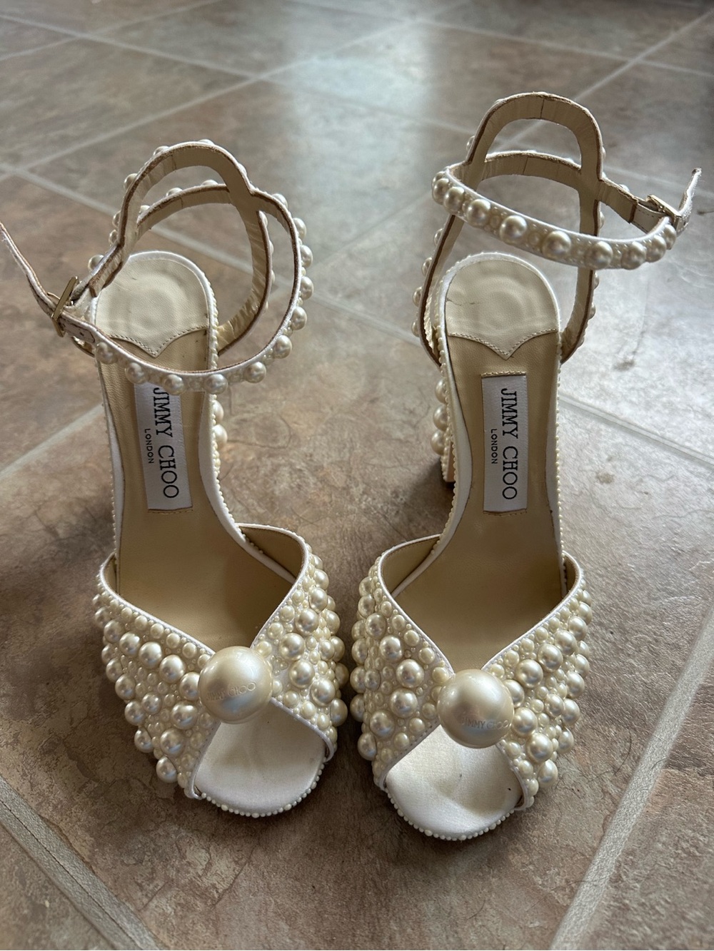 Jimmy Choo Pearl-Embellished Ivory High Heel Sandals - Picture 2 of 6